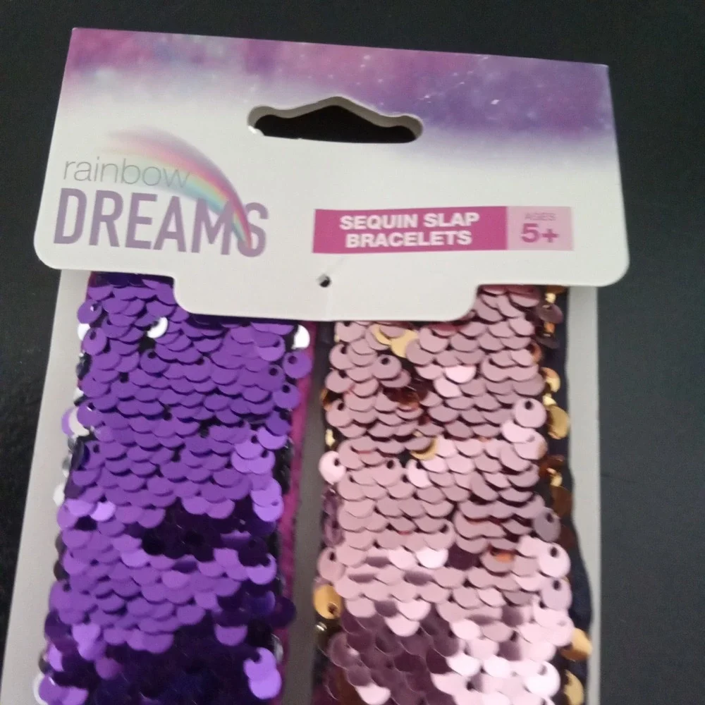 Rainbow Dreams Sequin Slap Bracelets 2 Pack Purple Rose Gold Reversible Sensory